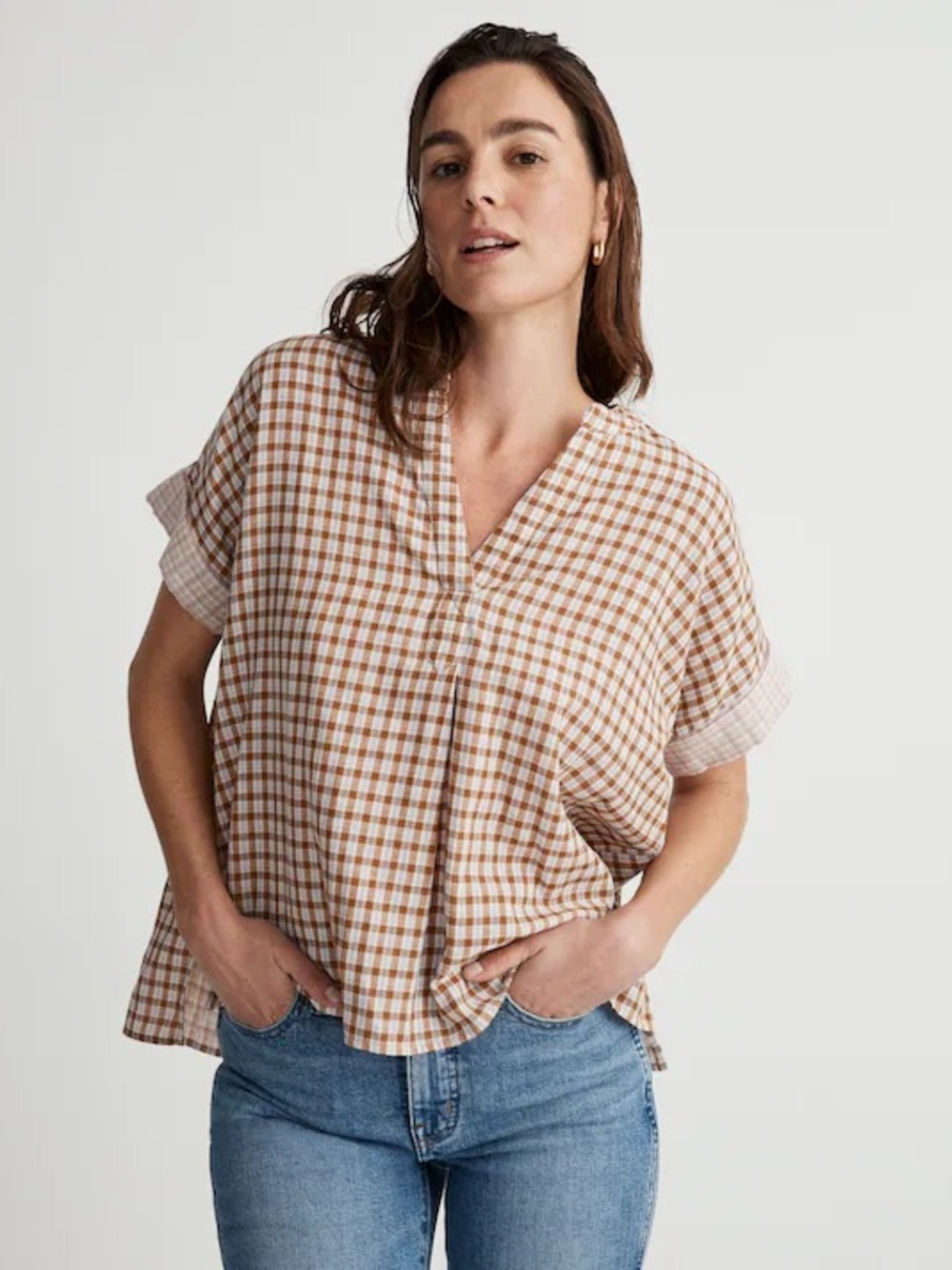 Madewell Double-Faced Lakeline Popover Shirt Sepia Plaid Brown Pink Blue XS